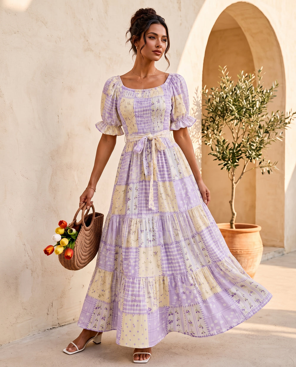 Lilac Garden square-neck maxi dress