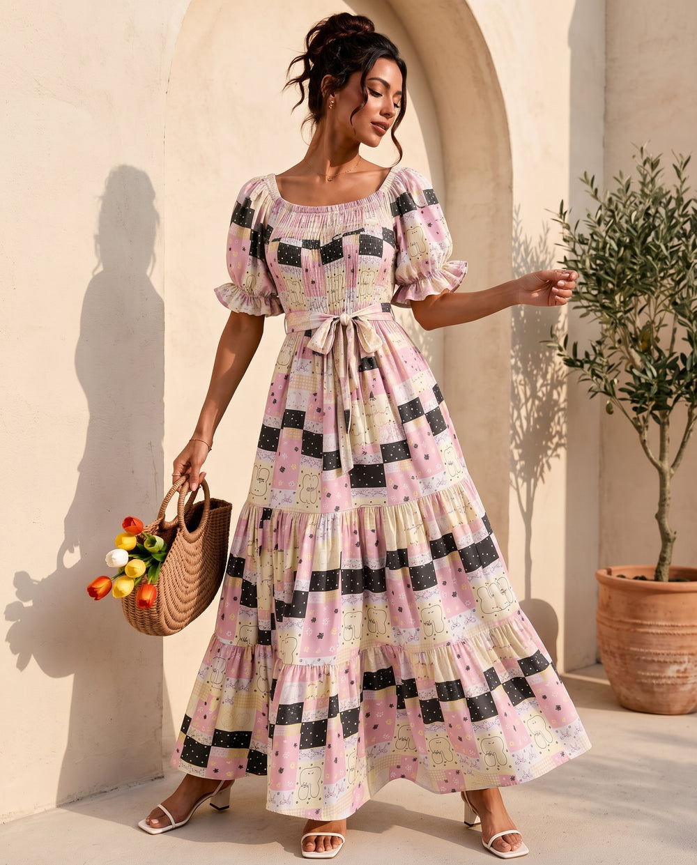 Blush Check square-neck maxi dress