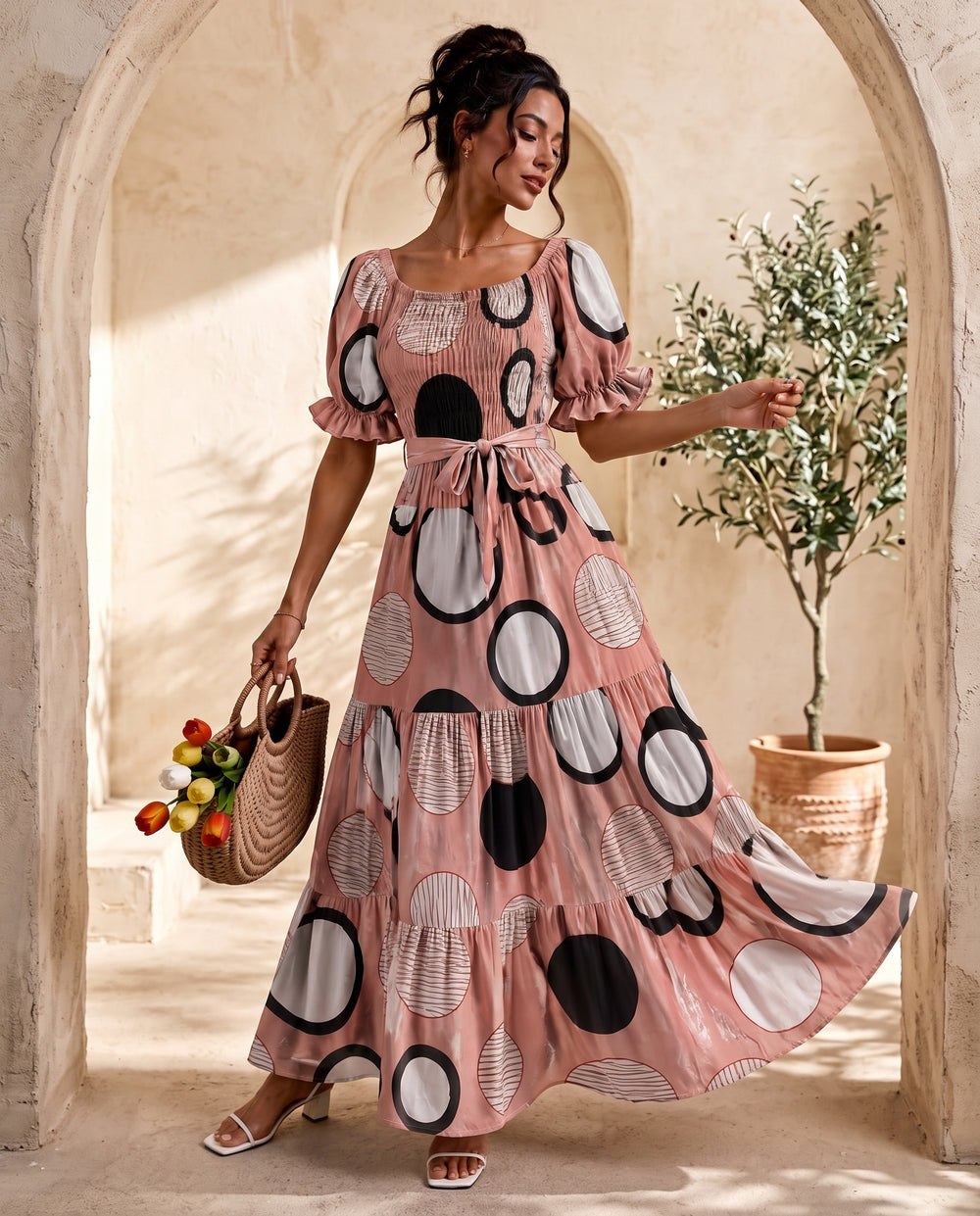 Coral Circles square-neck maxi dress
