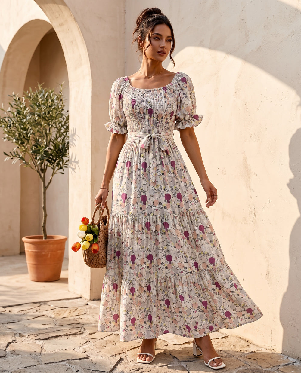 Berry Floral square-neck maxi dress