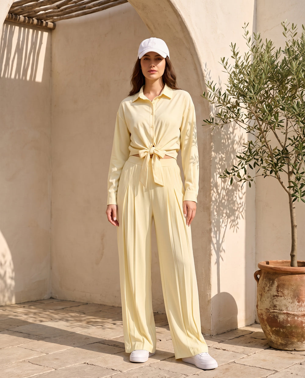Butter Yellow tie-front shirt and wide-leg pants set