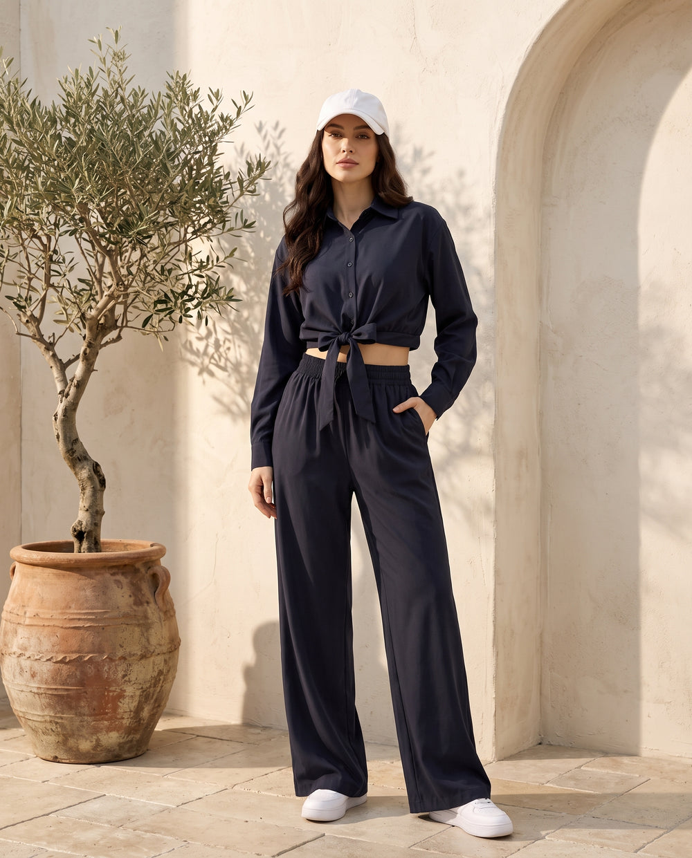 Black tie-front shirt and wide-leg pants set