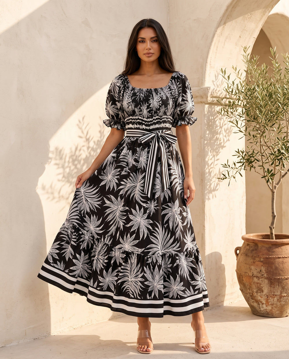 Black Palm off-shoulder smocked maxi dress