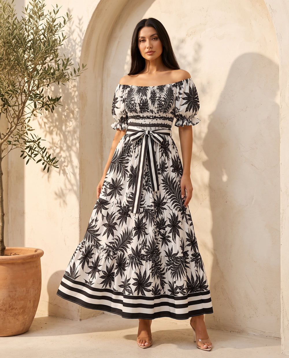 White Palm off-shoulder smocked maxi dress