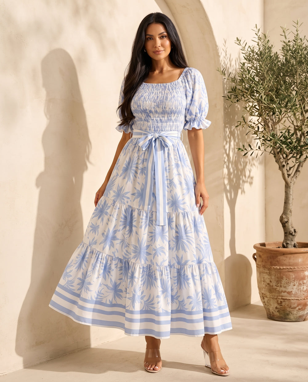 Blue Toile off-shoulder smocked maxi dress