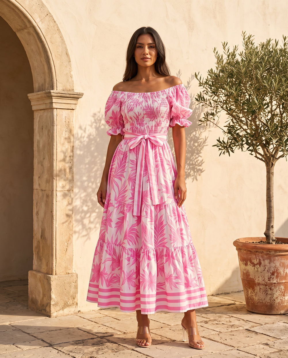 Pink Toile off-shoulder smocked maxi dress