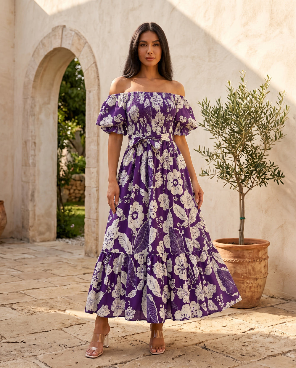 Purple Blossom off-shoulder smocked maxi dress