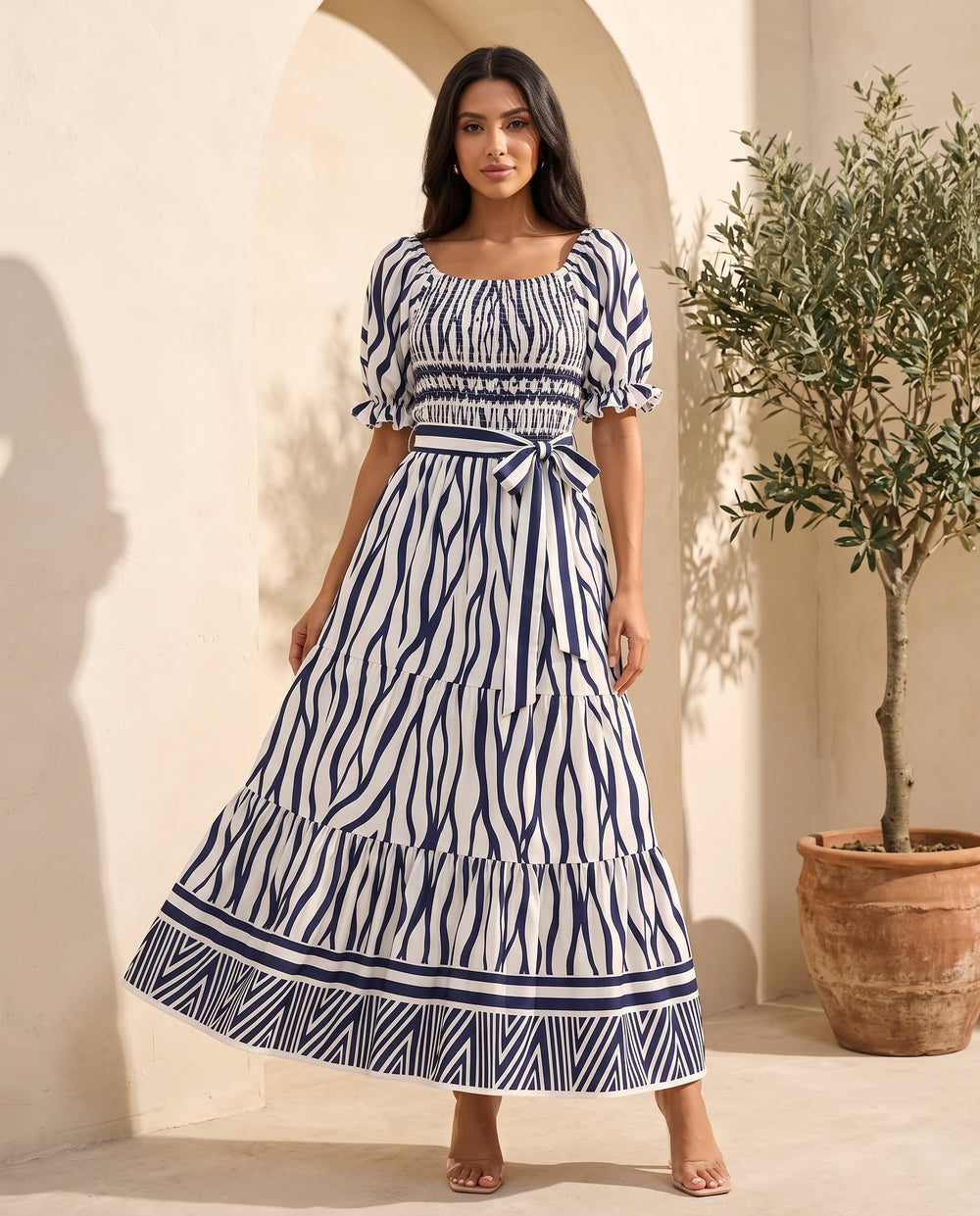 Grey Zigzag off-shoulder smocked maxi dress