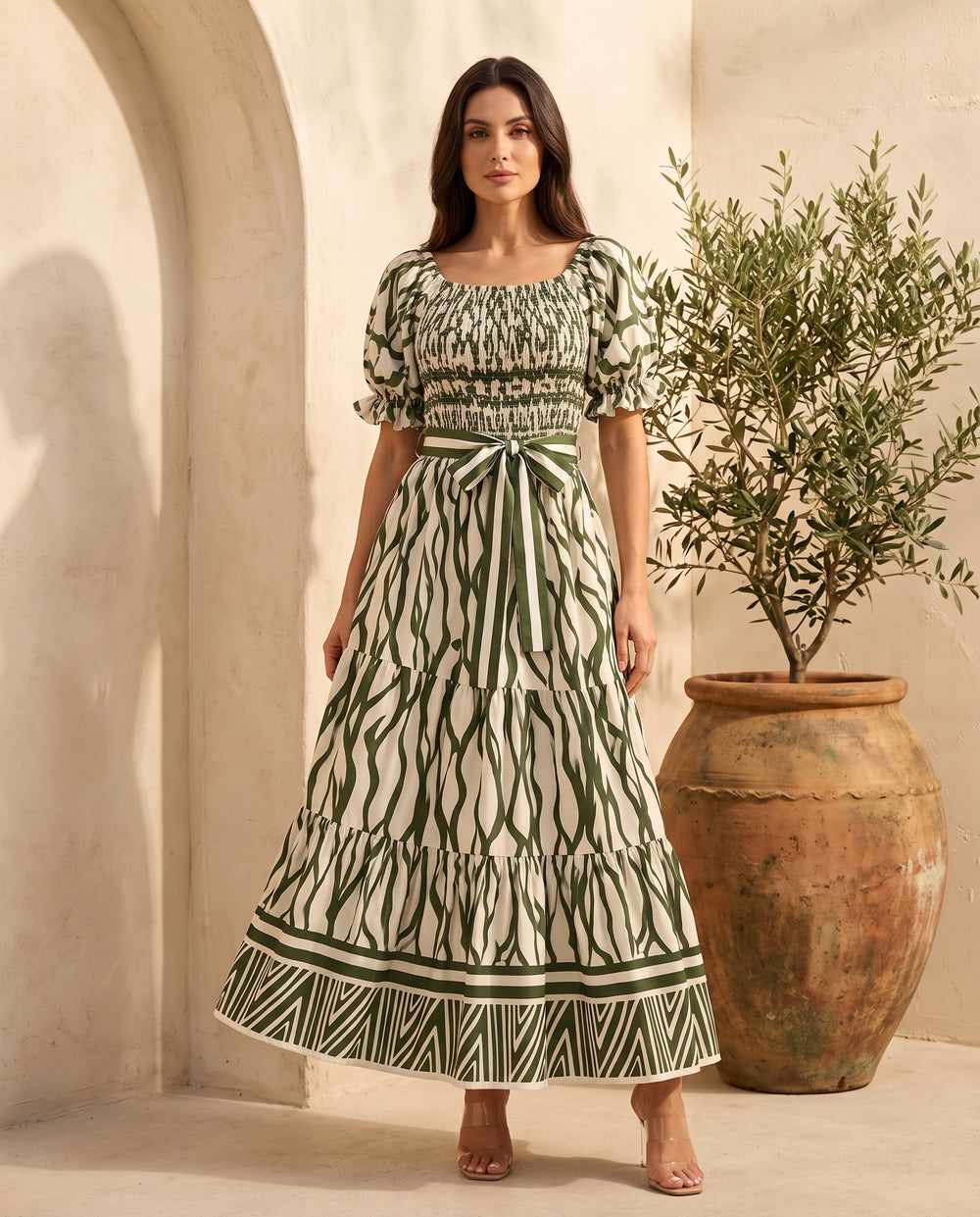 Green Vine off-shoulder smocked maxi dress