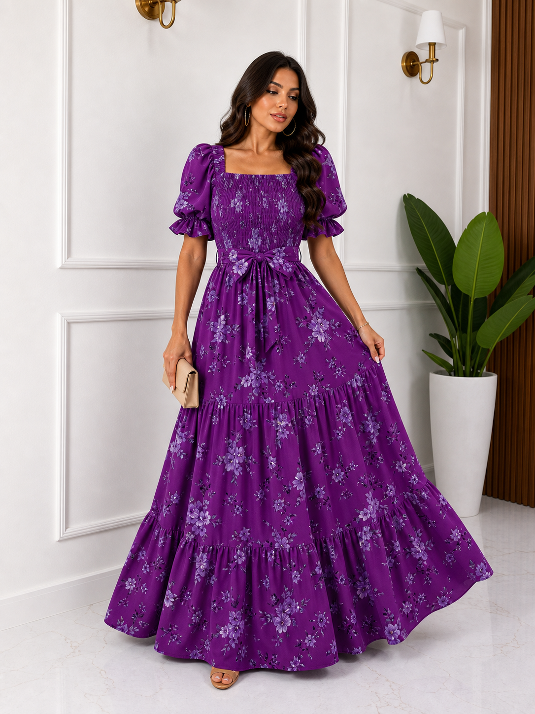 Purple floral puff sleeve maxi dress alternate view