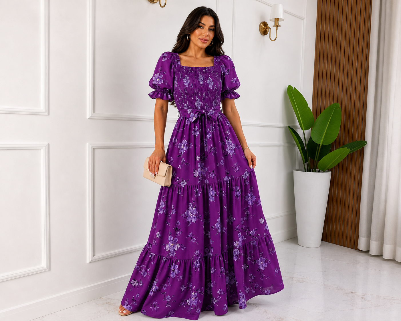 Purple floral puff sleeve maxi dress