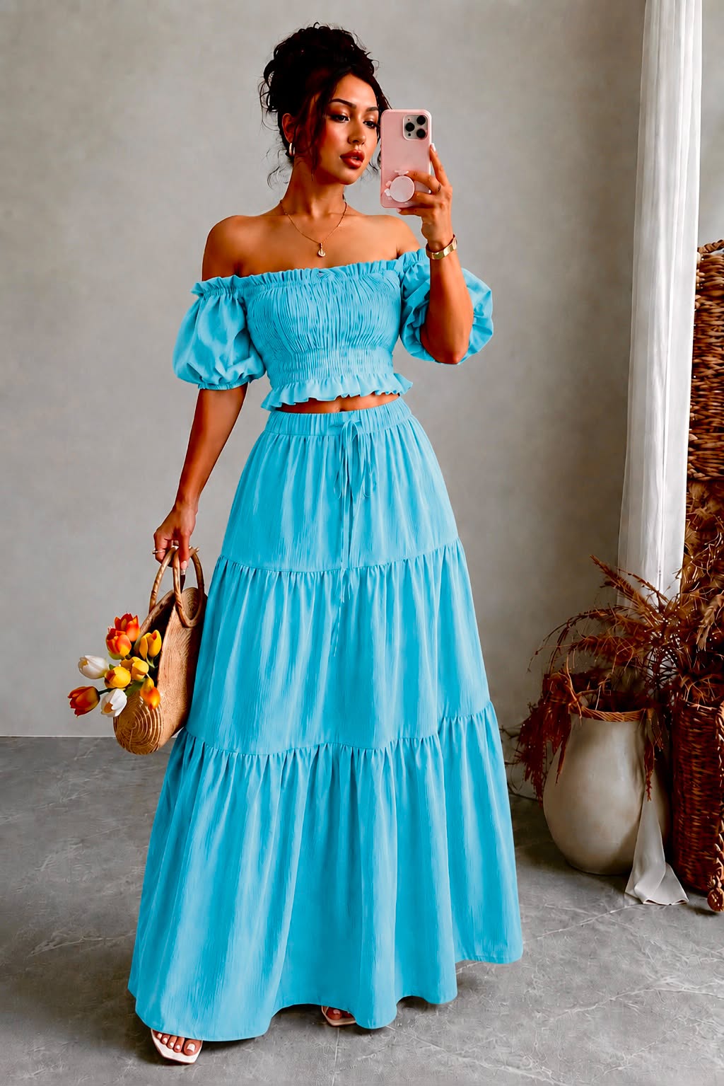 Off-Shoulder Shirred Maxi Two-Piece Set