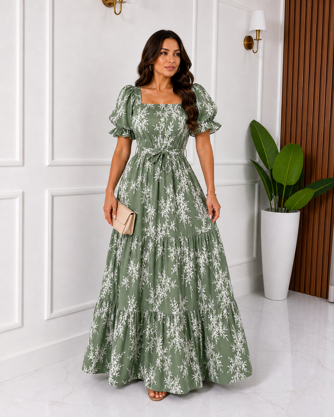 Sage botanical puff sleeve maxi dress