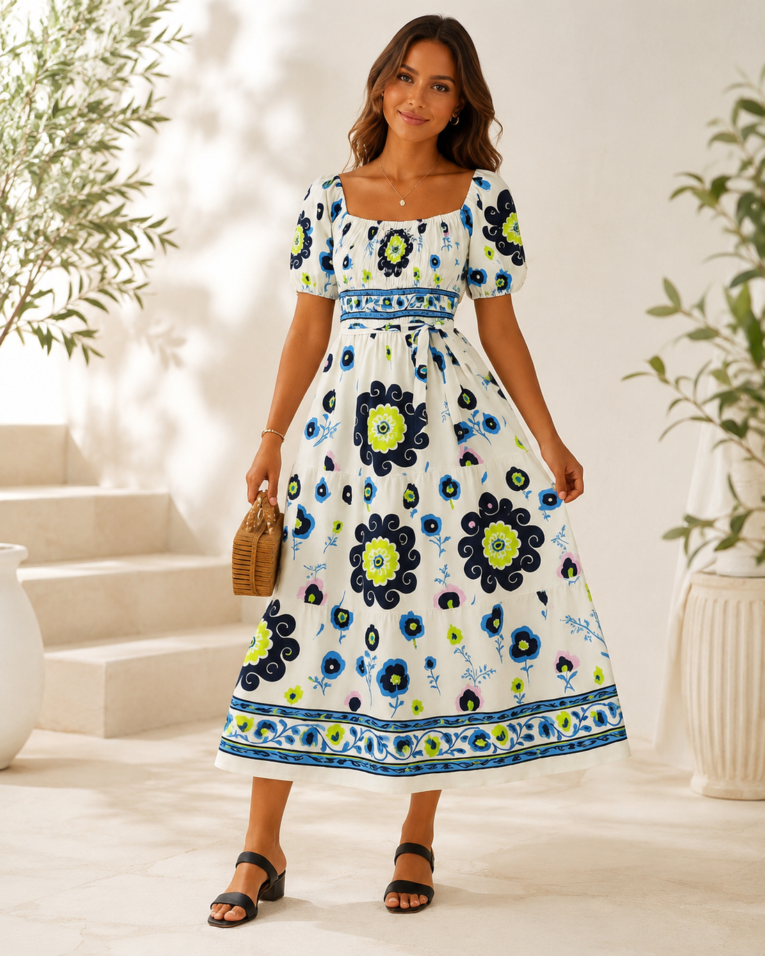 Santorini Print Puff-Sleeve Midi Dress