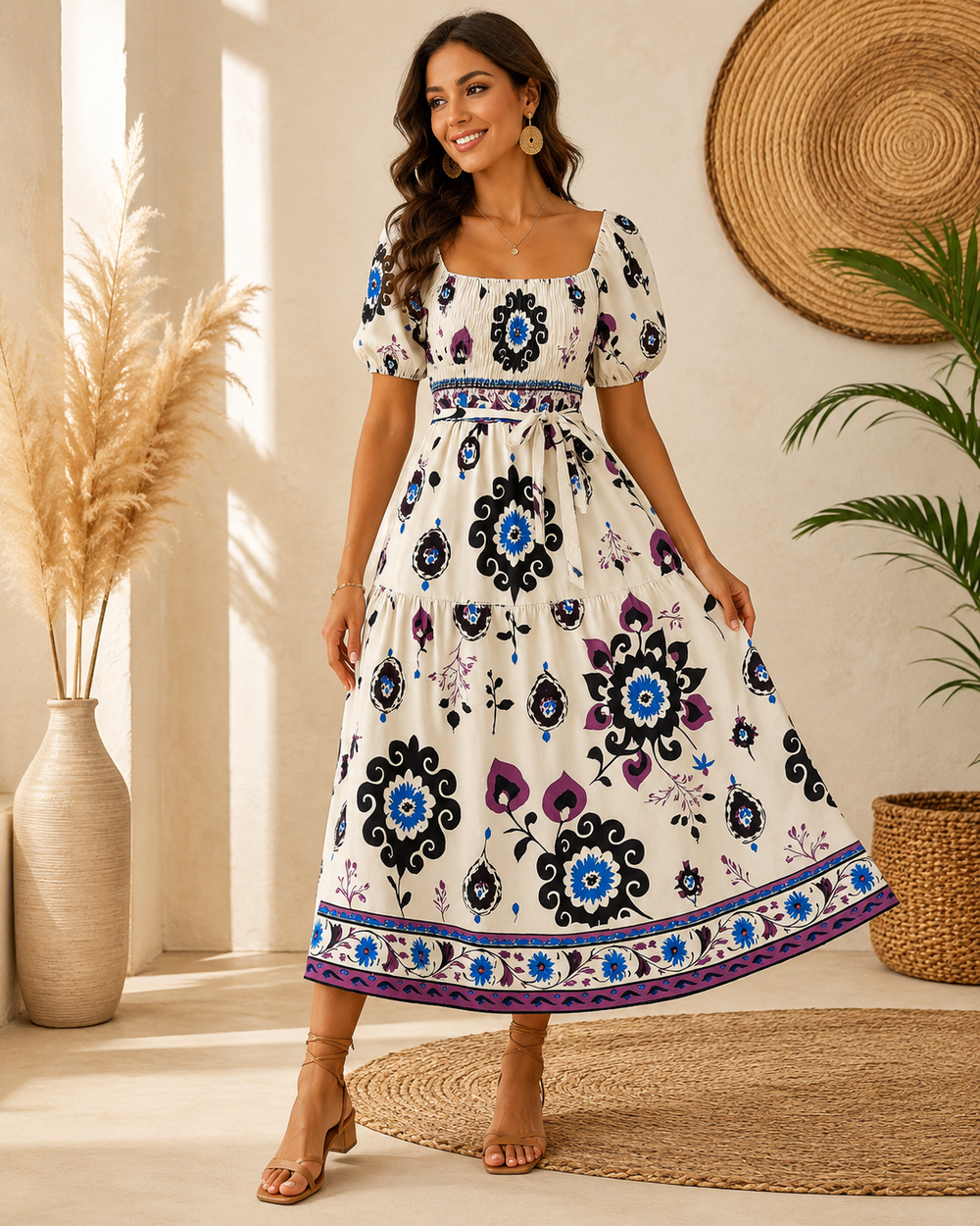 Santorini Print Puff-Sleeve Midi Dress