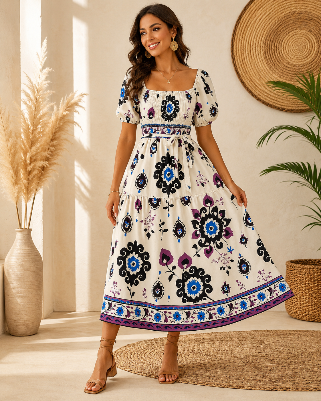 Santorini Print Puff-Sleeve Midi Dress