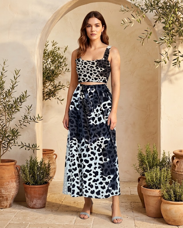 Serengeti leopard patchwork crop top and midi skirt set