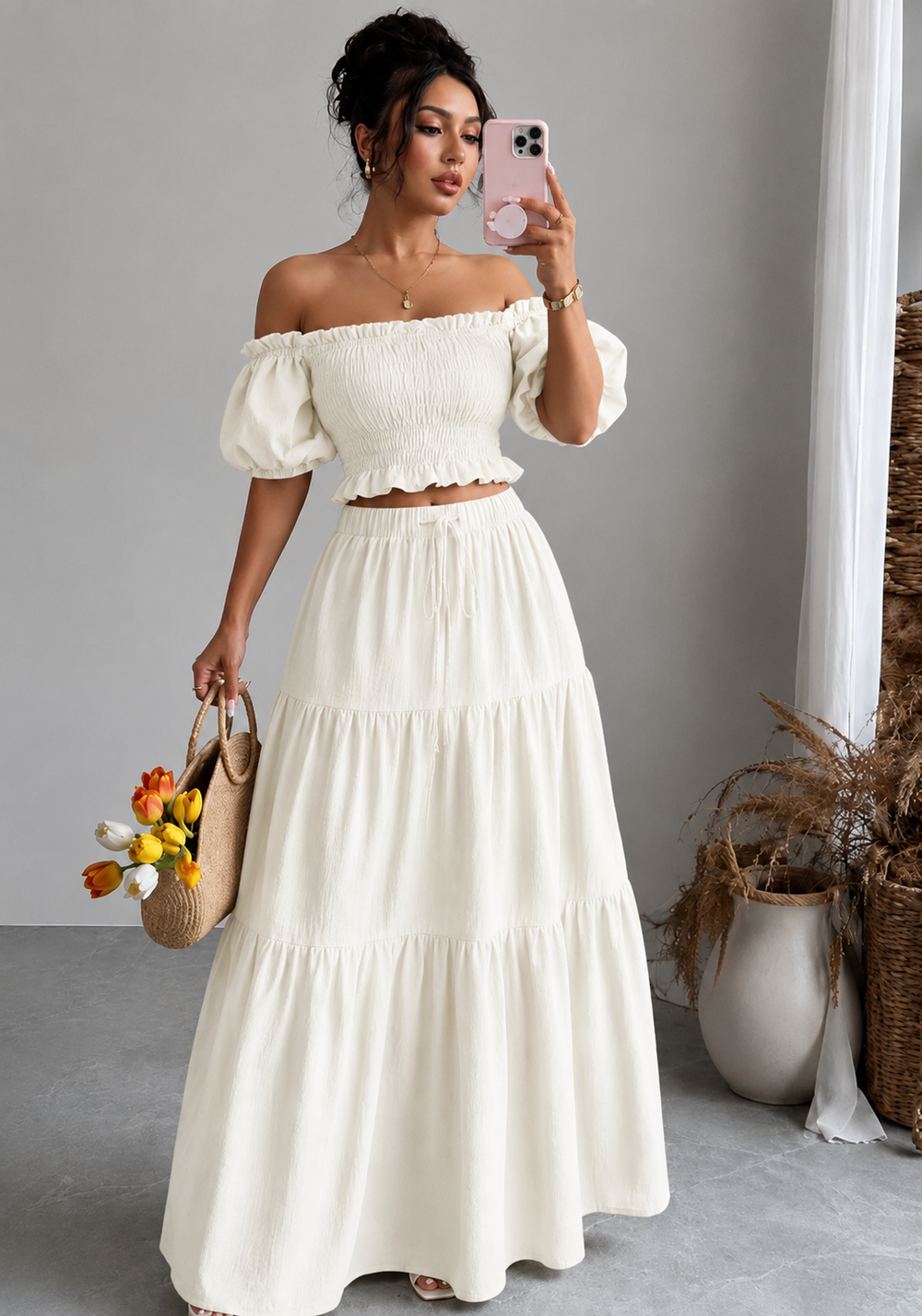 Off-Shoulder Shirred Maxi Two-Piece Set