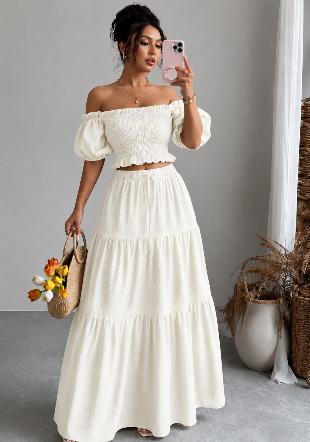 Off-Shoulder Shirred Maxi Two-Piece Set