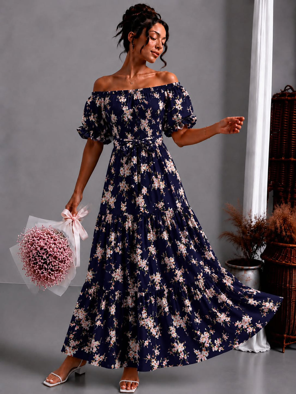 Navy blossom off-shoulder tiered maxi dress