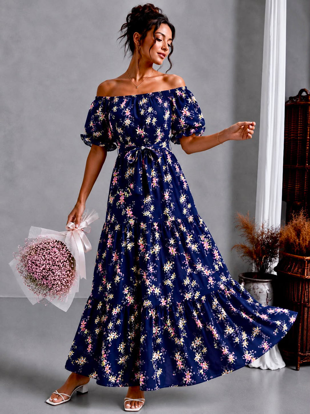 Navy daisy off-shoulder tiered maxi dress