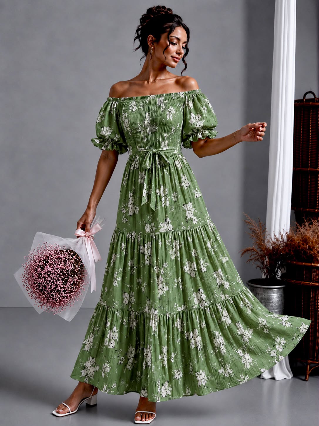 Olivia sage green floral off-shoulder tiered maxi dress