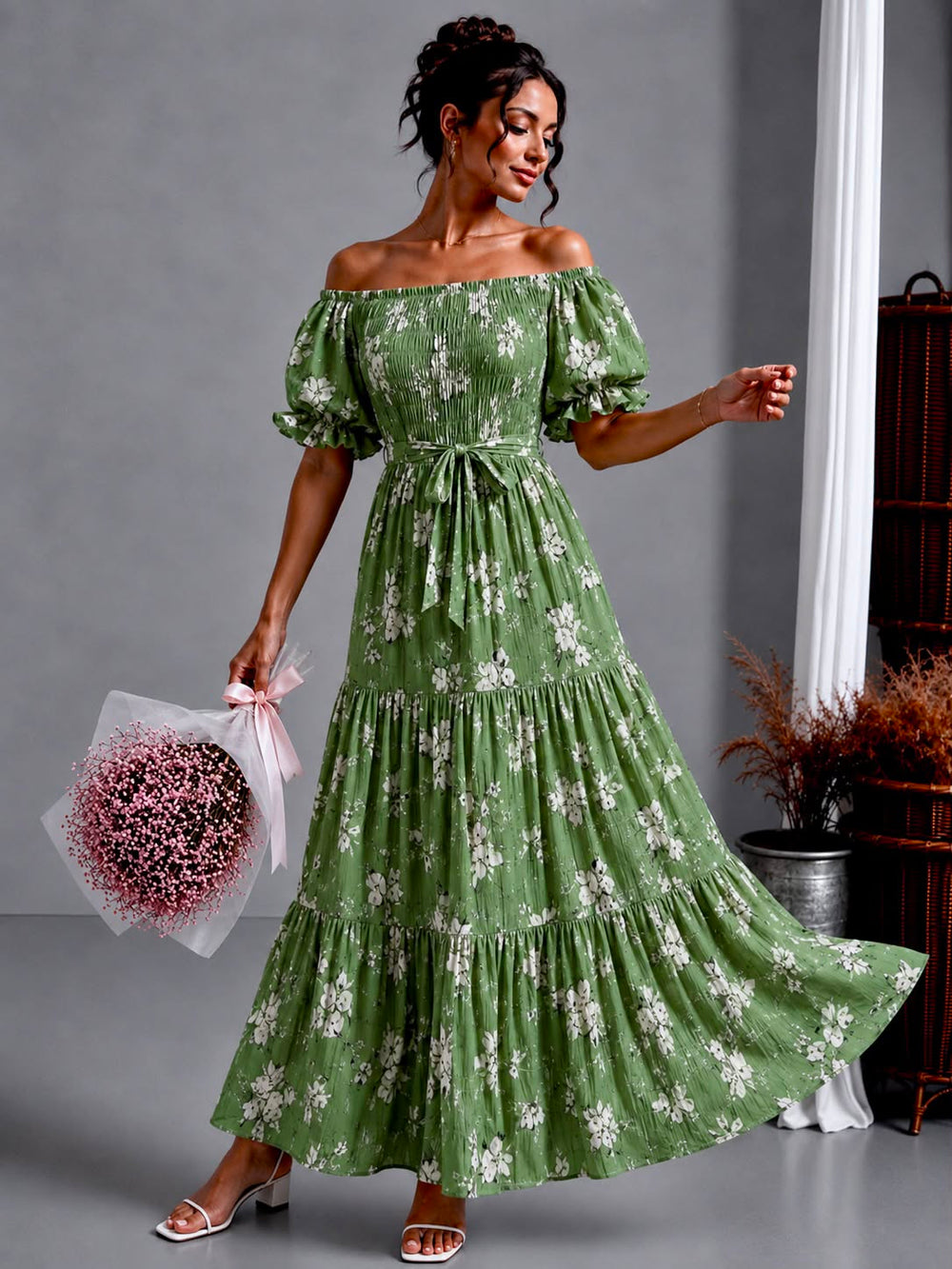 Sage floral off-shoulder tiered maxi dress
