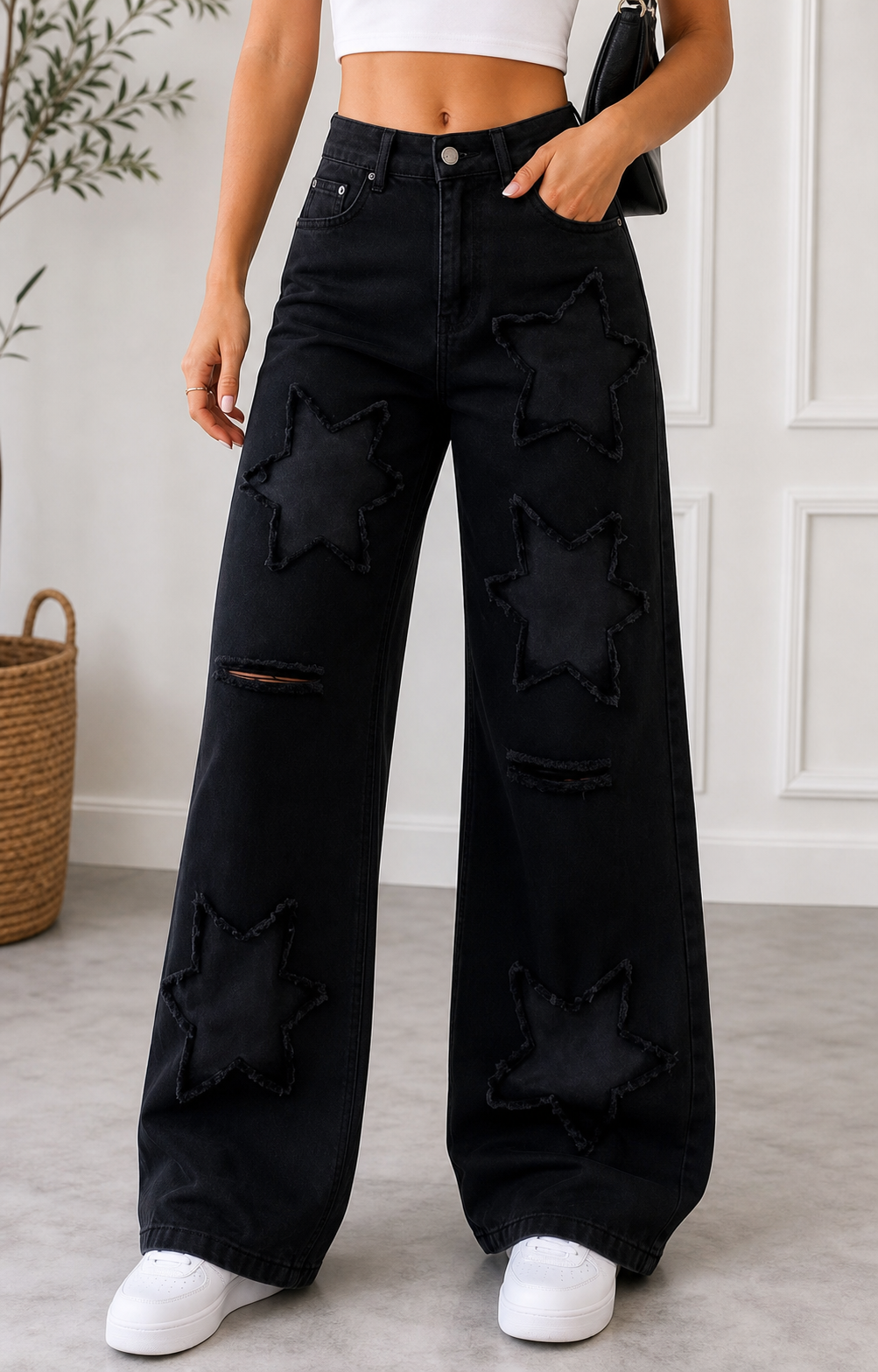 Black star patch wide leg jeans