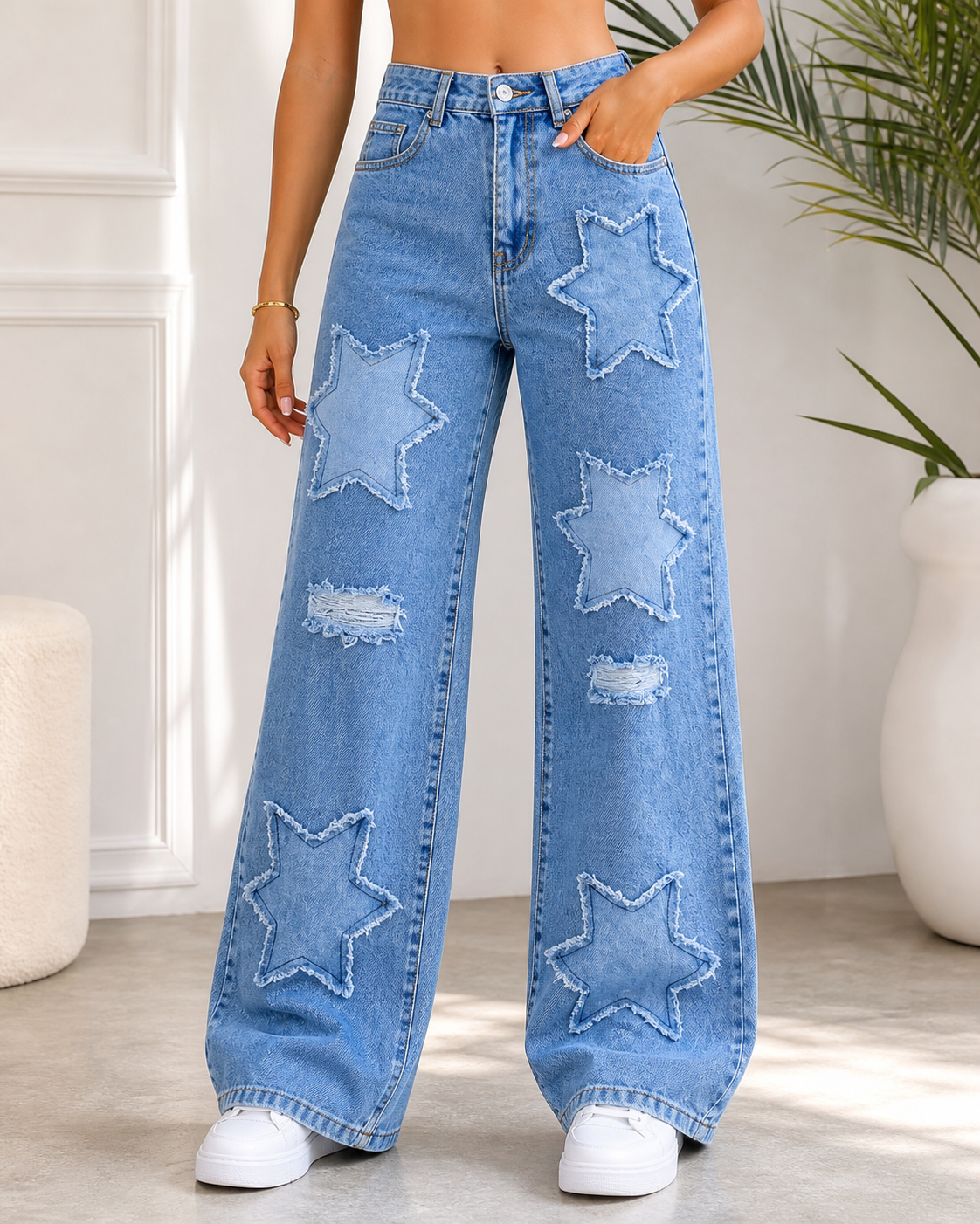 Light blue star patch wide leg jeans