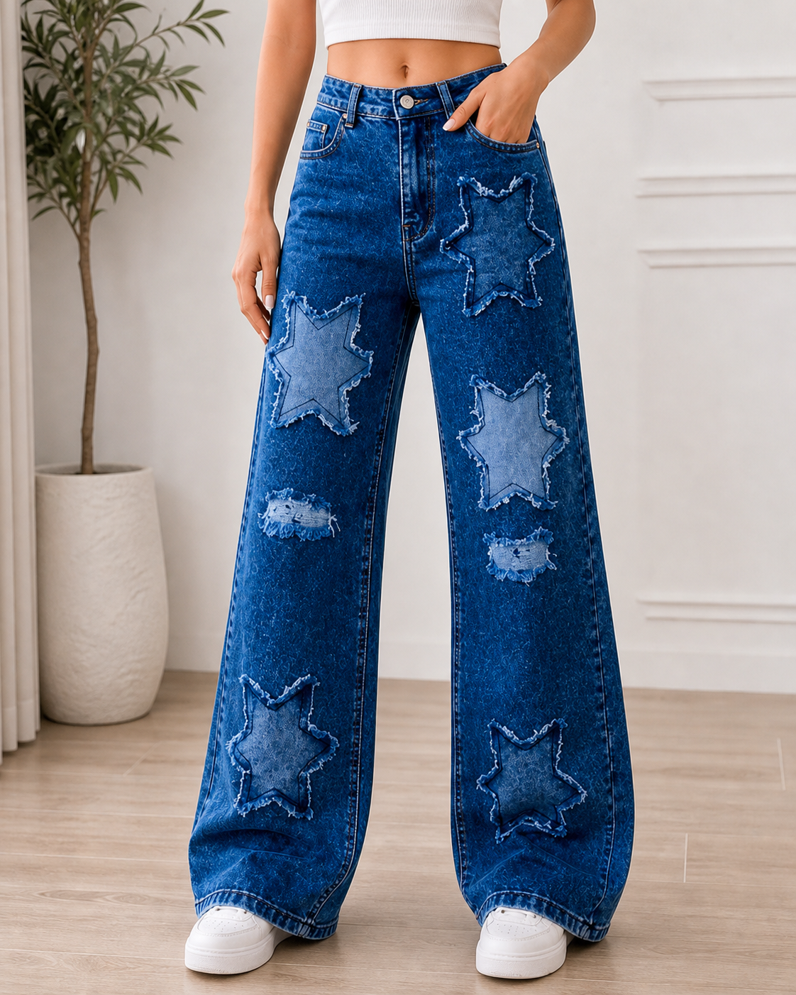 Medium blue star patch wide leg jeans