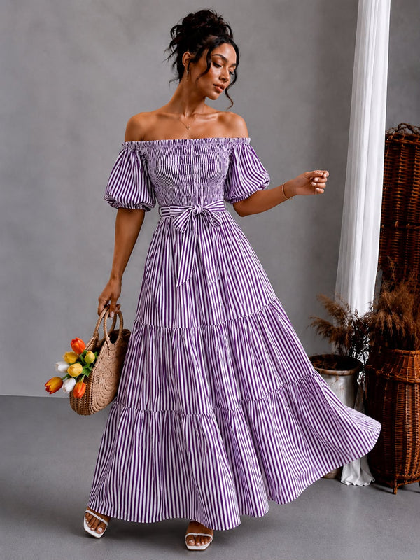 Striped Off-Shoulder Smocked Maxi - Lilac Stripe