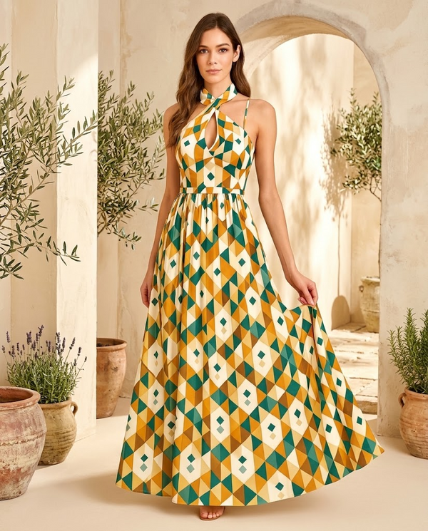 Tangier geometric diamond print halter maxi dress in green mustard and cream