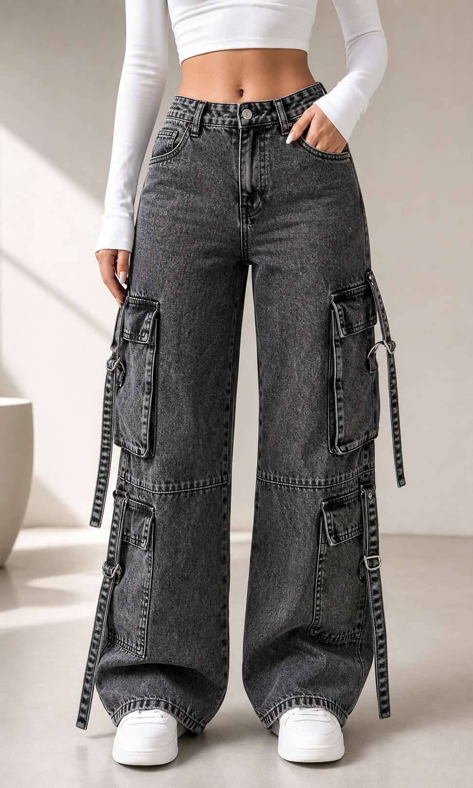 Trendy Cargo Jeans in charcoal gray