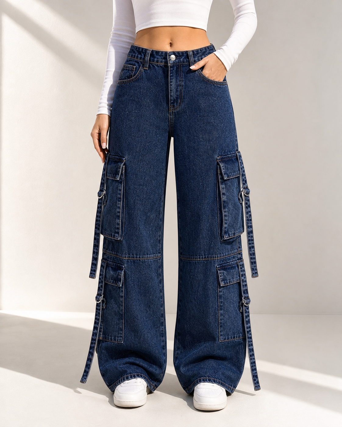 Trendy Cargo Jeans in dark indigo blue