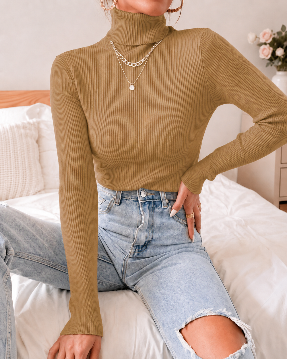 Ribbed Turtleneck Long-Sleeve Top