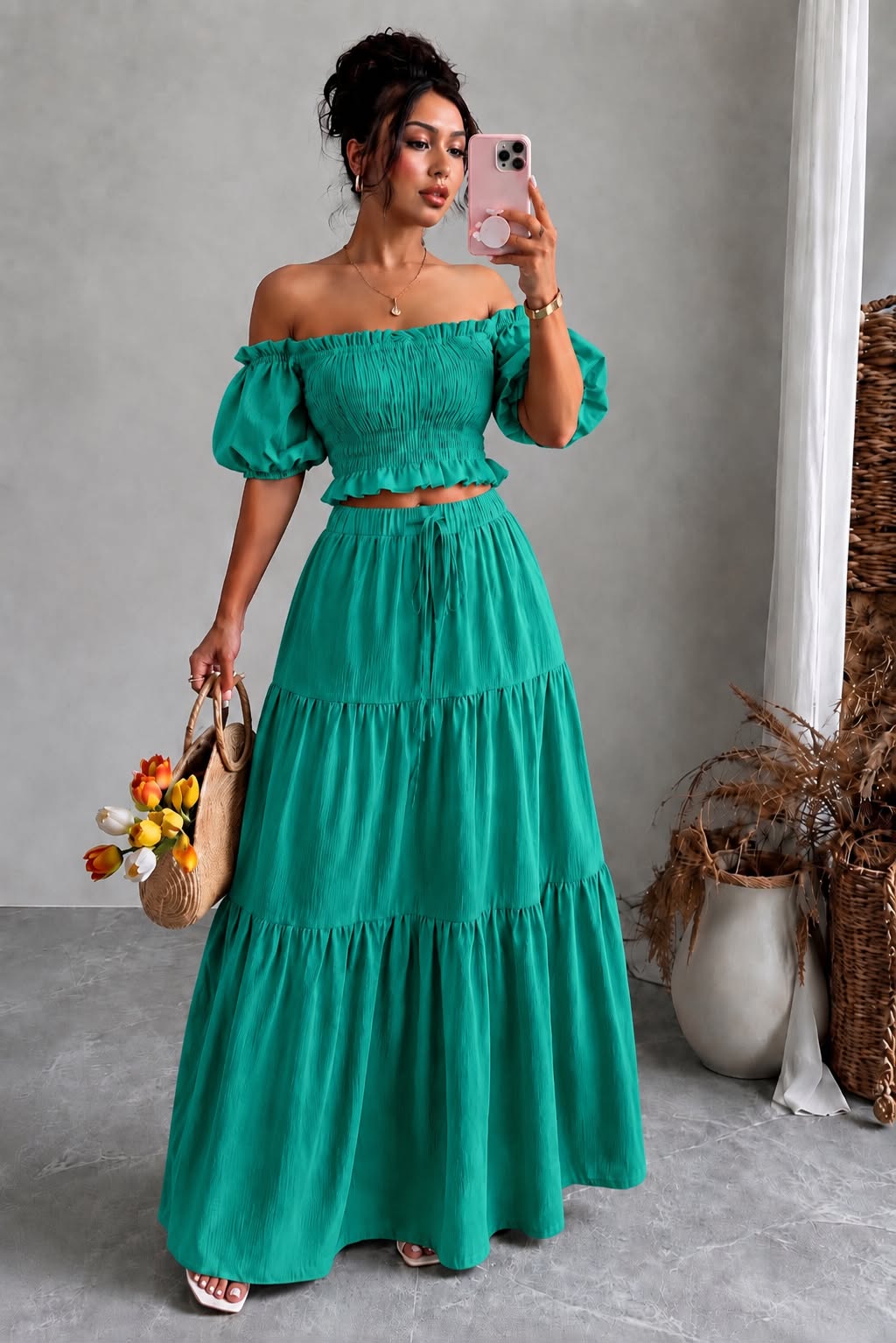 Off-Shoulder Shirred Maxi Two-Piece Set