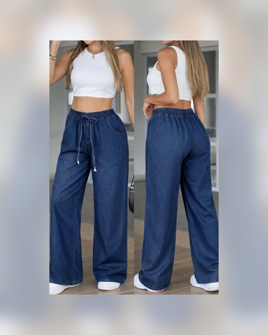 Wide leg denim pants in deep blue front and back view