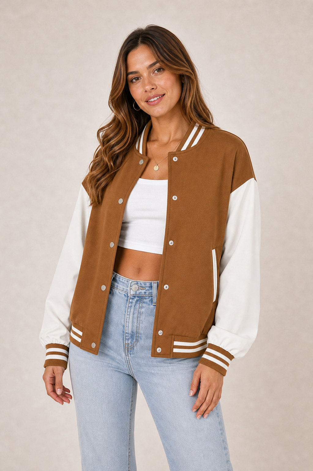 Brown varsity jacket on model