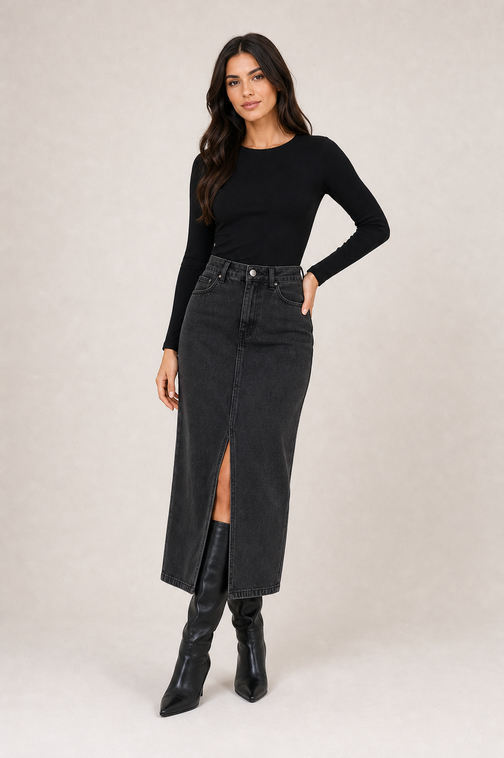 Charcoal front slit denim skirt on model