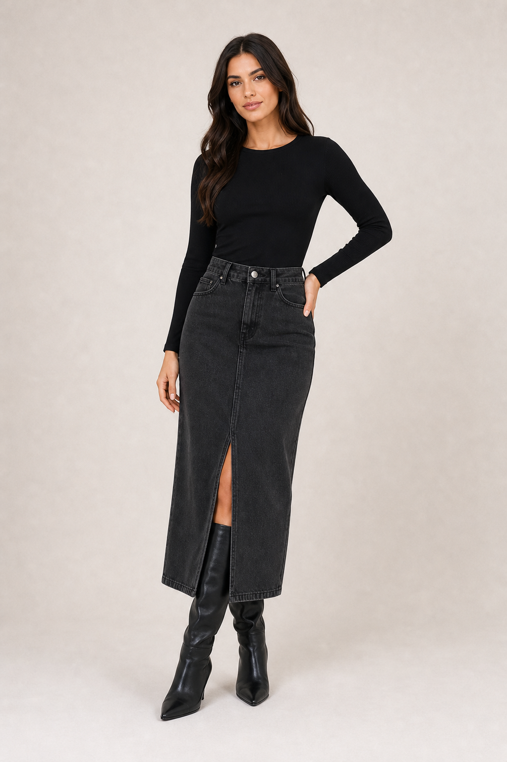 Charcoal front slit denim skirt on model