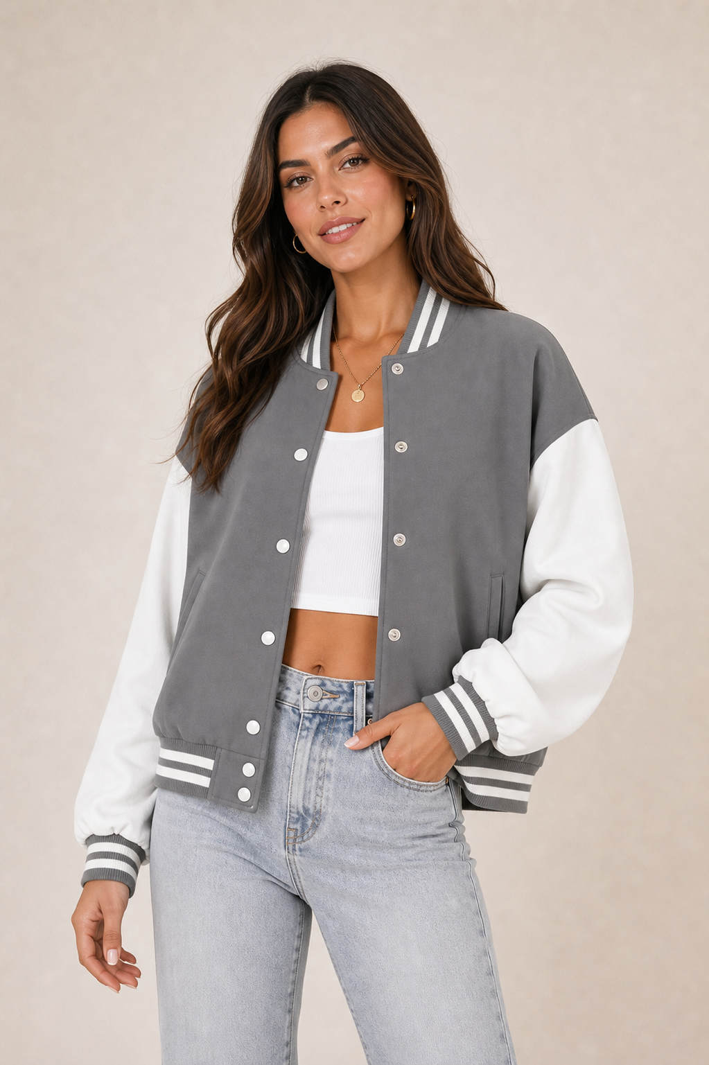 Gray varsity jacket on model