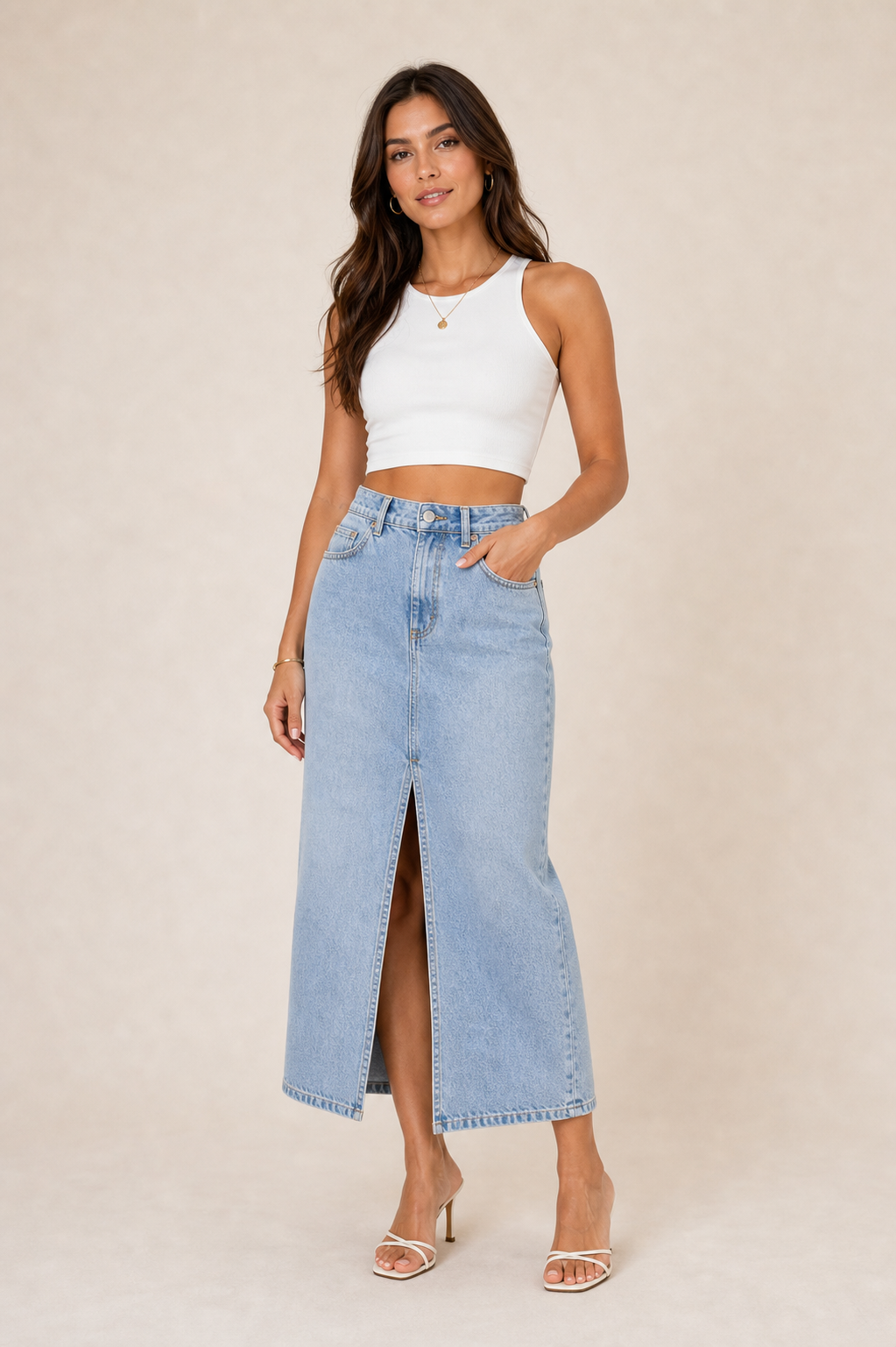 Light blue denim midi skirt on model
