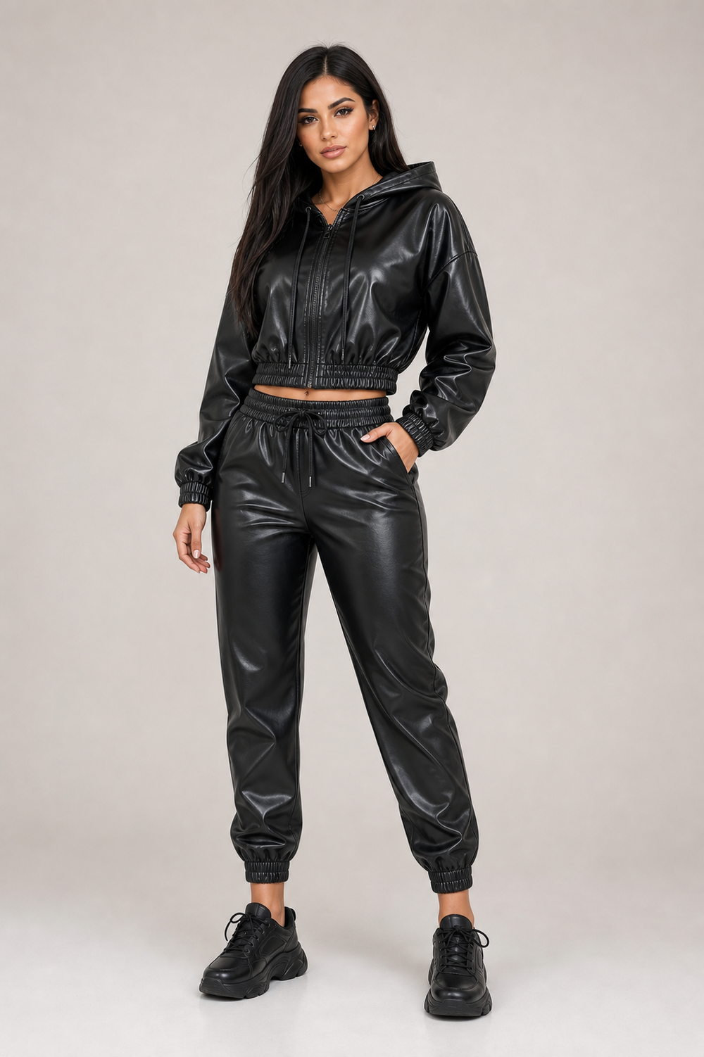 Plain black faux leather hoodie and jogger set