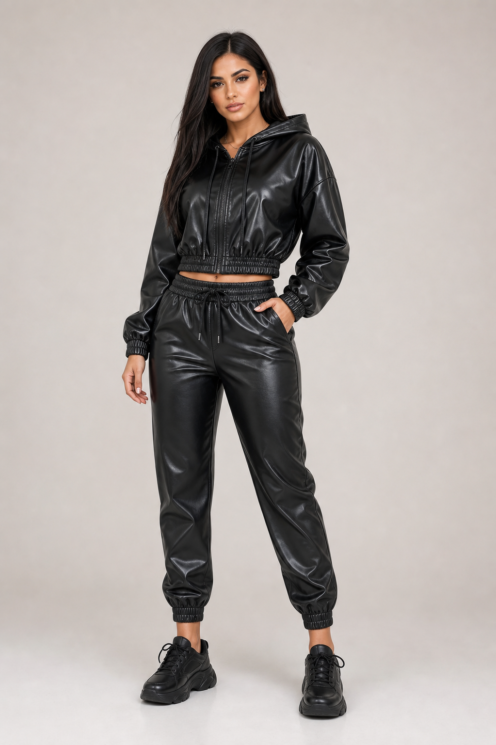 Plain black faux leather hoodie and jogger set
