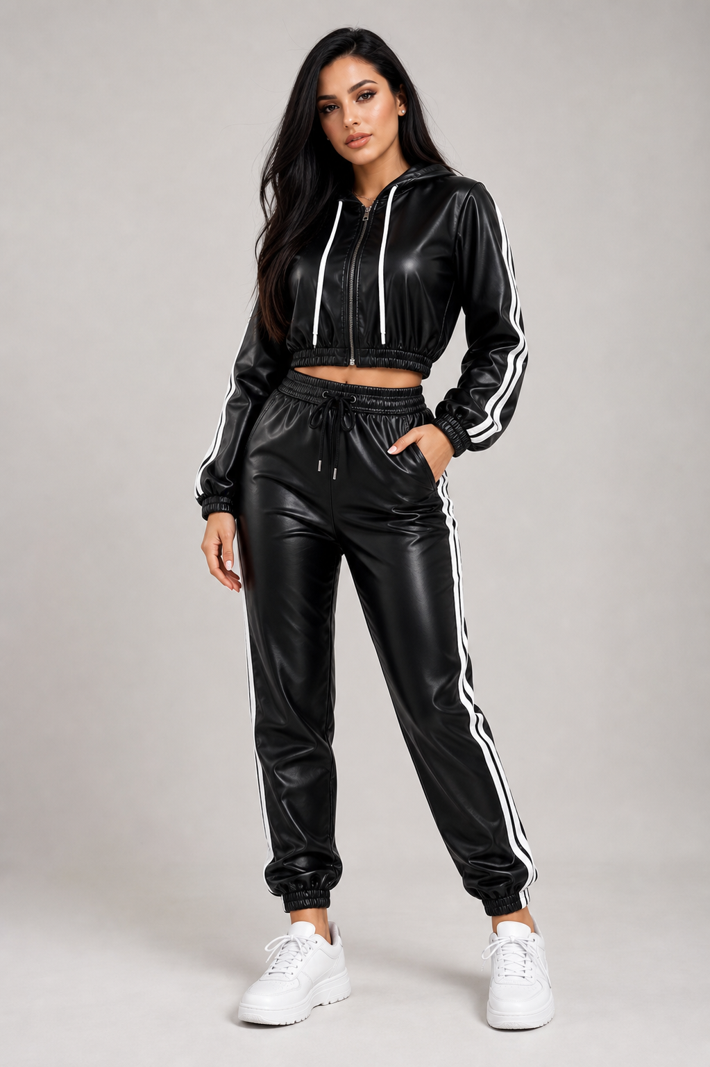 Black faux leather hoodie and jogger set with white side stripes